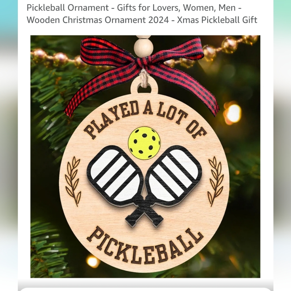 Wooden Pickleball Ornament with Red Bow